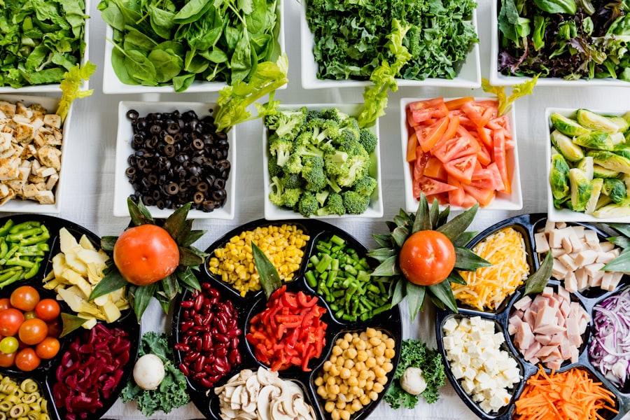 Fresh vegetables and grains on a kitchen table